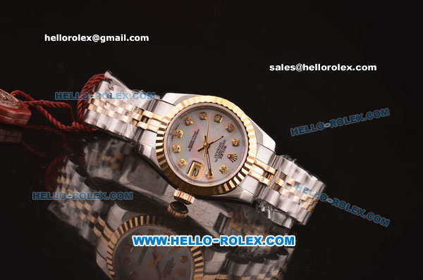 Rolex Datejust Ladies Swiss ETA 2671 Automatic Movement Two Tone Case with White MOP Dial and Diamond Markers - Click Image to Close
